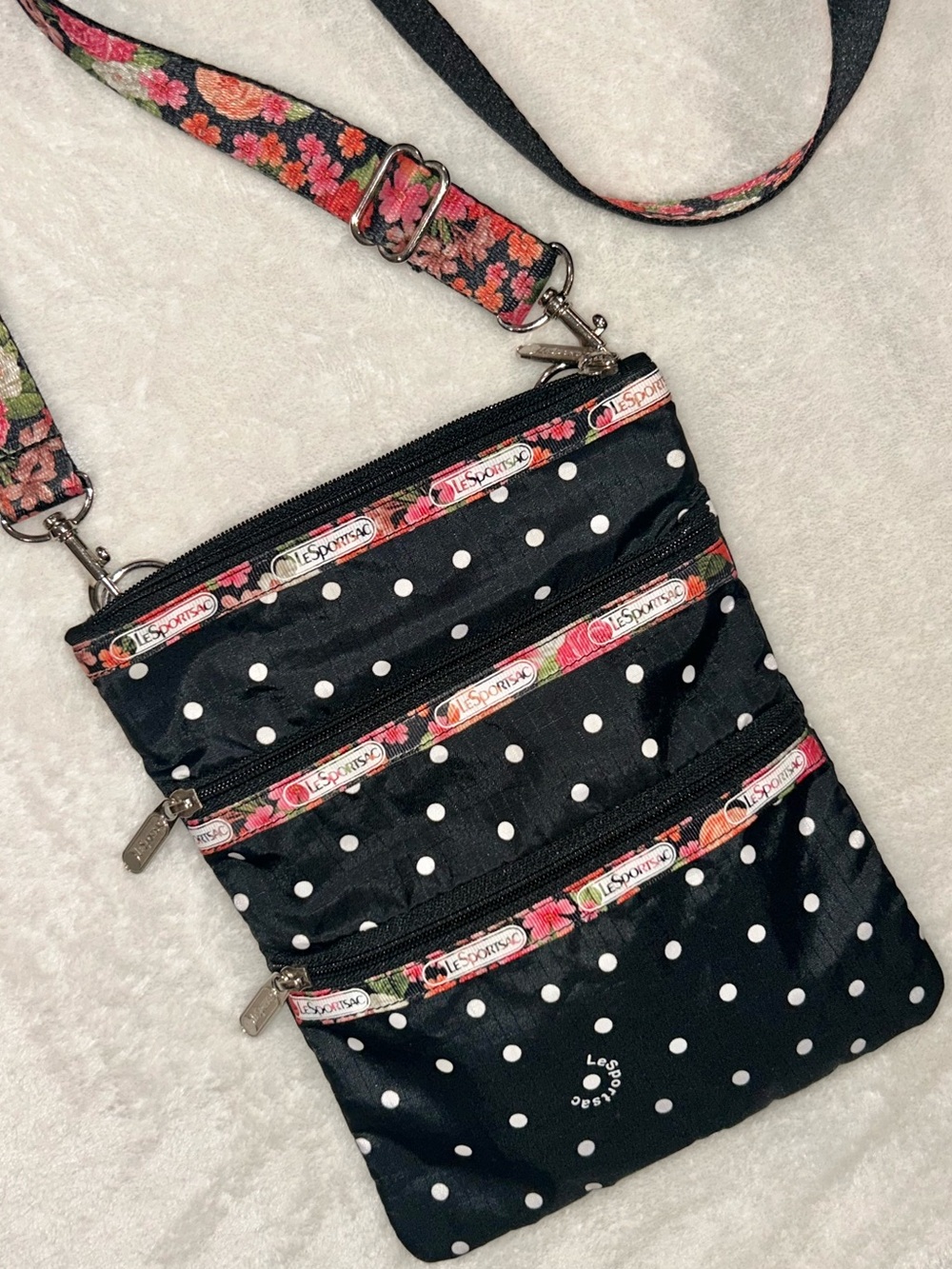 LeSportsac bag purse On The Dot 3-Zip Kasey Crossbody Bag polka dot floral retro